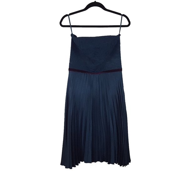 NEW Maria Bianca Nero Accordion Pleat Strapless Silk Dress Floral Dark Teal - Picture 1 of 6